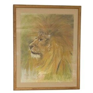 Lion Pastel Drawing by Priscilla P. Forster 5-14-02 Framed Wood Frame Glass